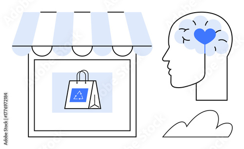 Eco-friendly shopping bag under a store canopy alongside a human head with a heart in the brain. Ideal for sustainability, eco-consciousness, mental health, shopping, retail, self-care, mindful
