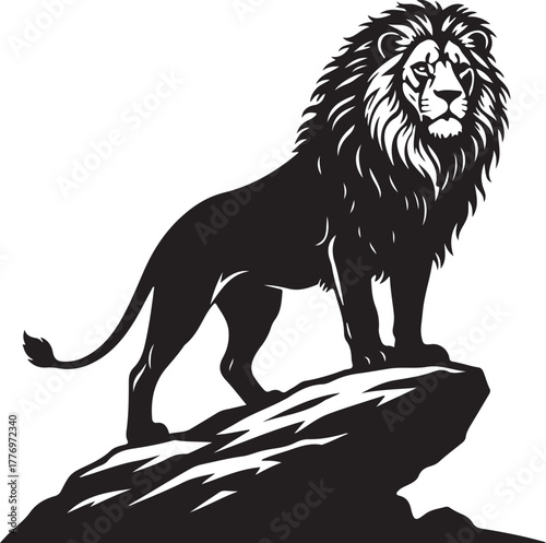 Majestic Lion Silhouette Standing on a Rock, a powerful symbol of strength, leadership, and wild nature, ideal for logos or graphic designs