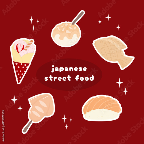 Japanese street food vector art illustration. takoyaki, squid, sushi illustration