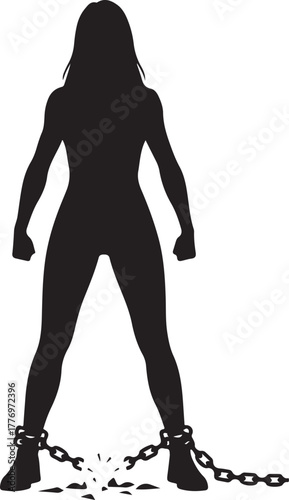 Powerful Silhouette of a Woman Breaking Chains, Symbolizing Freedom, Liberation, and Strength Against Oppression or Restriction.