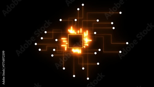 Abstract glowing orange circuit board pattern with white nodes on black background technology digital