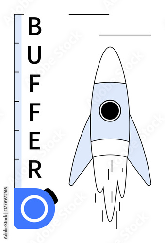 Rocket launching upwards with trailing smoke beside a vertical buffer scale measuring improvement. Ideal for progress tracking, growth, startup innovation, performance, planning, momentum