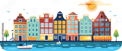 Illustration of colorful canal houses with gabled roofs by water, under a sunny sky with birds. A serene and whimsical urban scene.