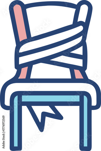 Stylized illustration of a broken chair wrapped in bandages. The image uses a simple color palette of blue, pink, and white, conveying a humorous tone.