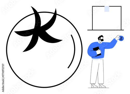 Man holding documents and pointing at abstract circular black design next to framed graphic element. Ideal for creativity, branding, presentation, innovation, teaching, leadership, simple flat