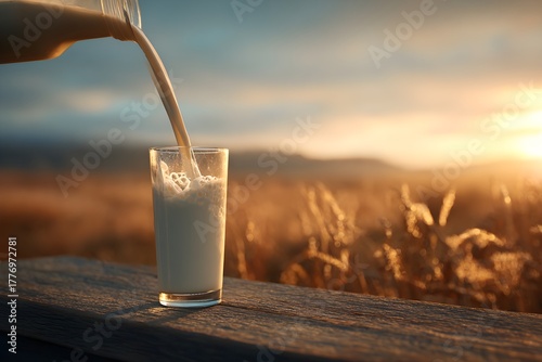 Fresh milk pouring into glass with scenic nature background