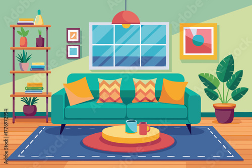 Cozy living room with a teal sofa, colorful pillows, large window, hanging lamp, potted plants, bookshelves, and coffee table with mugs.