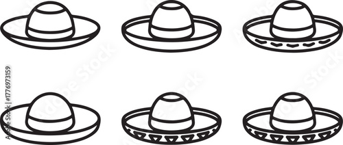 Outline Icons of Sombrero Hats with Decorative Bands for Mexican Fiesta