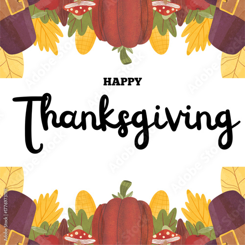 Festive Thanksgiving holiday banner illustration with a decorative frame of seasonal harvest elements like pumpkins, corn, and mushrooms