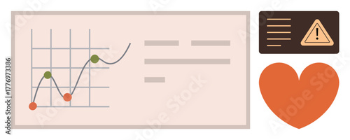 Line graph highlighting performance trends, warning panel with alert icon, and heart symbol suggesting balance. Ideal for success, health, risk management, decision-making, growth, analytics simple