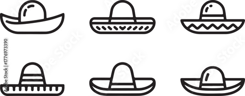 Outline Vector Icons of Sombrero Hats for Mexican Culture and Fiesta