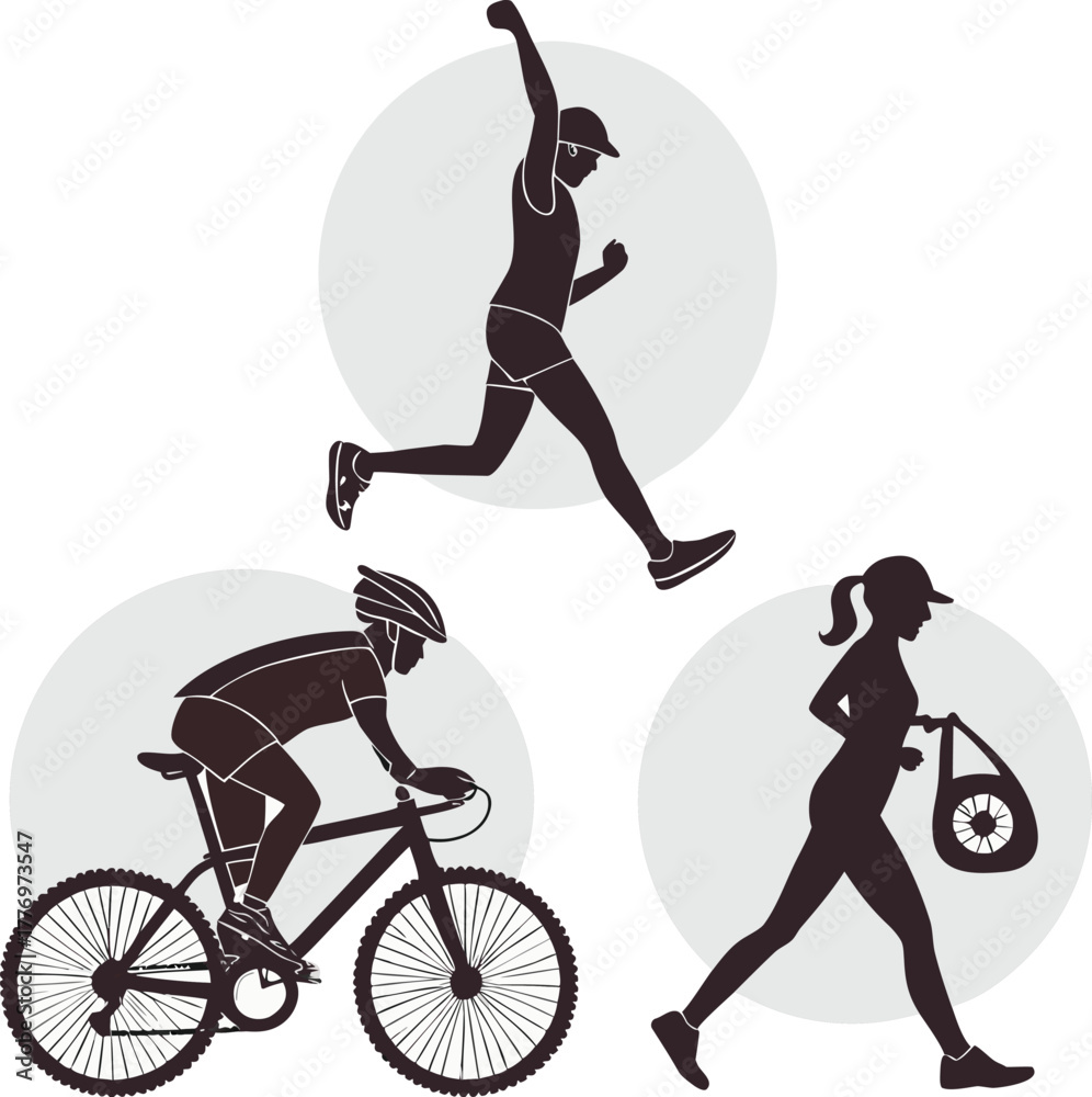 Fototapeta premium Silhouettes of three athletes: one running with a raised arm, one cycling, and one walking with a bag. Energetic and dynamic, conveying motion.