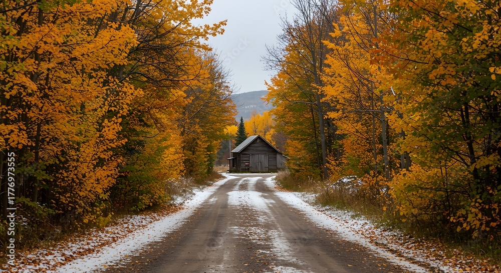 Obraz premium Rustic barn autumn road snow foliage fall trees