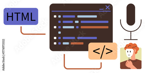 Coding interface with highlighted HTML syntax, coding tag icon, developer portrait, and microphone symbol. Ideal for programming, development, coding education, AI interaction, software development