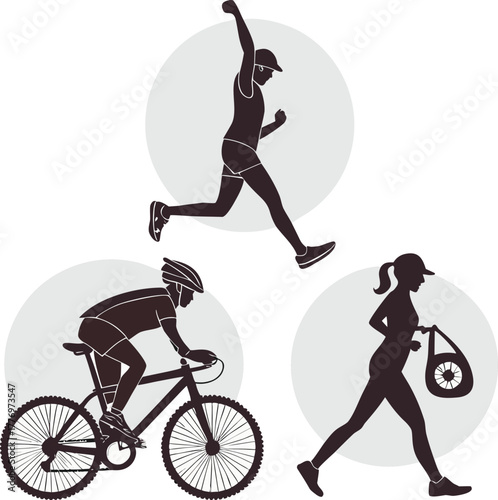 Silhouettes of three athletes: one running with a raised arm, one cycling, and one walking with a bag. Energetic and dynamic, conveying motion.