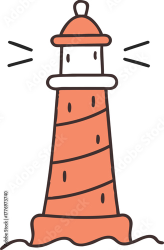 Simple illustration of a red and white lighthouse with a spiral pattern, sitting on waves. The lighthouse emits light beams, symbolizing guidance.