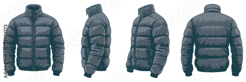 A set of four minimalist winter jackets displayed in different perspectives