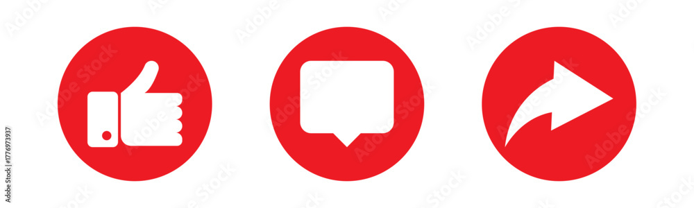 Naklejka premium Red Circular Social Media Interaction Icons with Animated Thumbs-Up, Comment Bubble, and Share Arrow on White Background