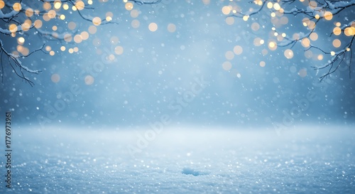 Snowy branches with warm lights winter falling snow