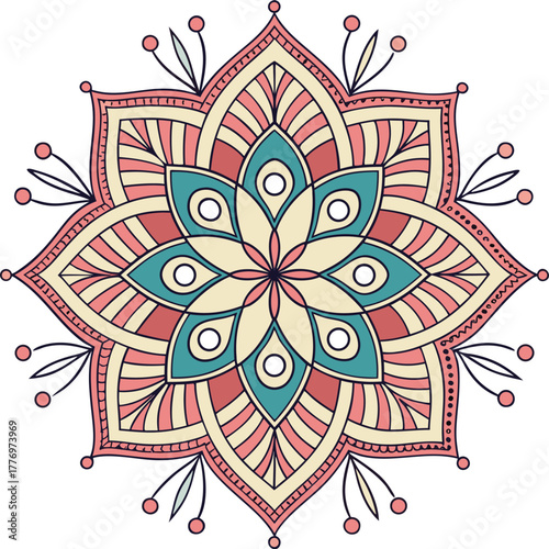 Intricate mandala design with teal, pink, and beige colors. Features symmetrical patterns and floral motifs, conveying balance and calmness.