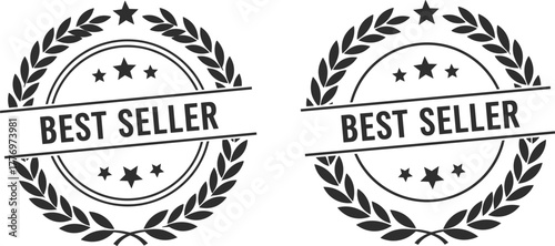 Best seller badge vector, laurel wreath emblem with stars, marketing label design, product quality stamp, achievement award icon, promotional seal illustration