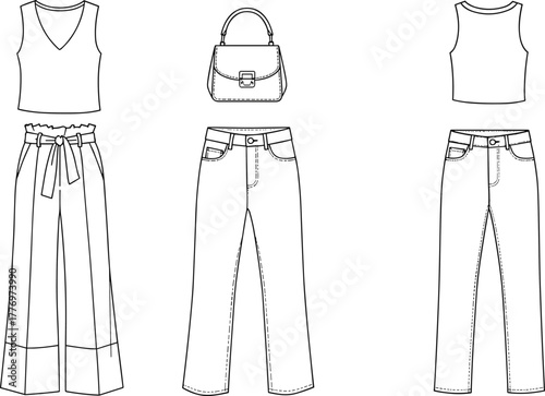 Fashion design sketches vector, women’s clothing illustration, sleeveless top with wide leg pants, handbag accessory, crop top, high waisted jeans style