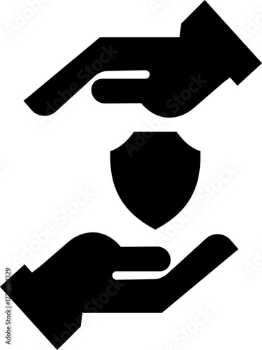 Insurance Hand Protection Concept Icon symbolism of trust, care, and financial safety. This premium black minimal vector shows a stylized human hand gently holding a shield, support, and reliability.