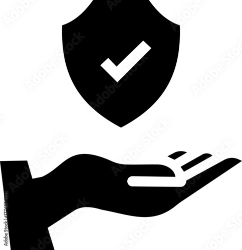Insurance Hand Protection Concept Icon symbolism of trust, care, and financial safety. This premium black minimal vector shows a stylized human hand gently holding a shield, support, and reliability.