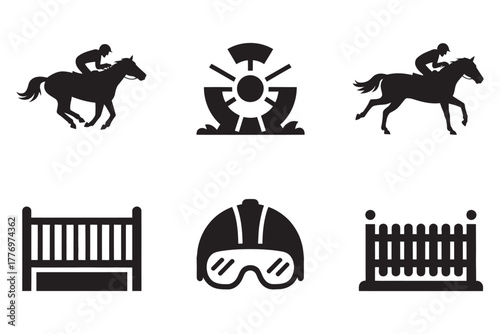 Race horse icons and equestrian sport symbols for design elements