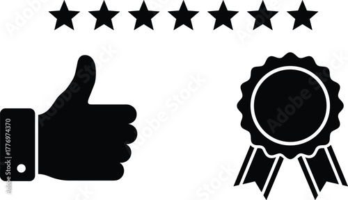 Seven stars rating icons, thumbs up approval symbol, award ribbon medal design, quality certification emblem, positive feedback vector, achievement recognition illustration