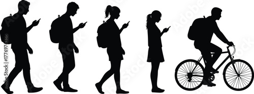 Silhouette people using smartphones, walking and biking with backpacks, modern technology addiction concept, mobile phone distraction, digital lifestyle vector design