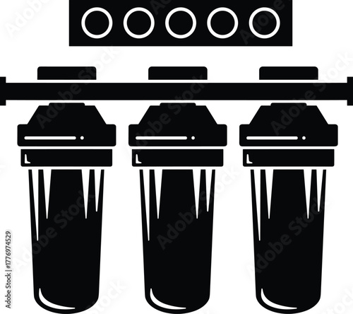 Water filtration system vector, household purifier illustration, three filter cartridge design, clean drinking water concept, purification equipment icon, industrial treatment graphic