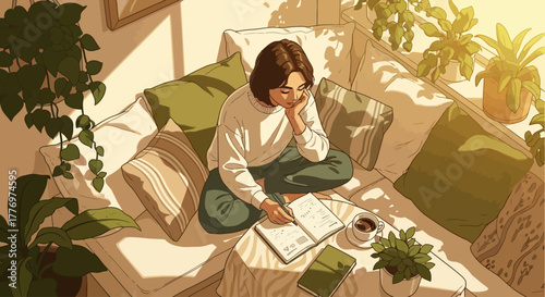 An animated illustration of a woman sitting comfortably on a sunlit couch, surrounded by lush green plants, reading or journaling with a cup of coffee nearby.