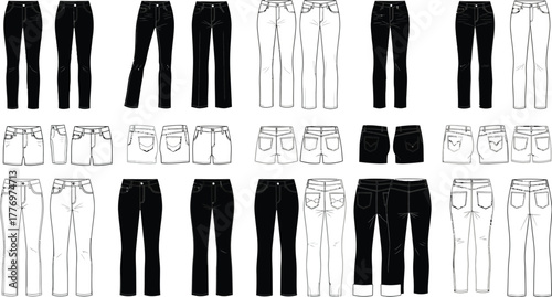 Assortment of black and white jeans and shorts in various styles and designs on a white background
