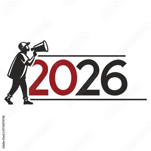 Silhouette of person with megaphone announces the year 2026 Keywords: 2026, year, announcement