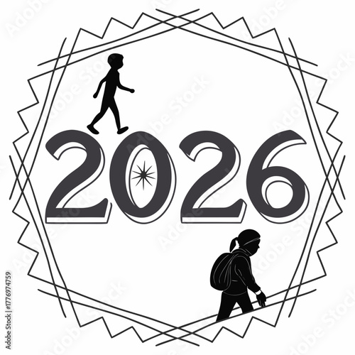 Silhouettes of children walking within a geometric frame with the year 2026 Keywords: 2026, year