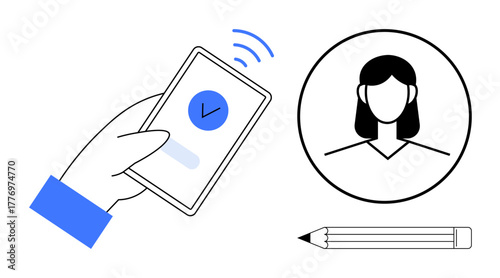 Hand using phone with completed task checkmark, female avatar in circle, pencil below. Ideal for concepts of communication, online profiles, identity, task management, approval, user interface