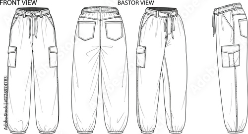 Technical drawing of baggy cargo pants with elastic waistband and pockets in multiple views