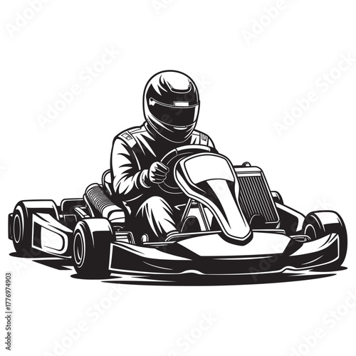 Bold monochrome illustration of a go-kart driver in a helmet, racing with determination