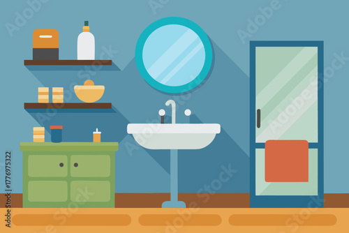 Illustration of a bathroom with a round mirror above a white sink, shelves with toiletries, a green cabinet, and a glass shower door with a towel.