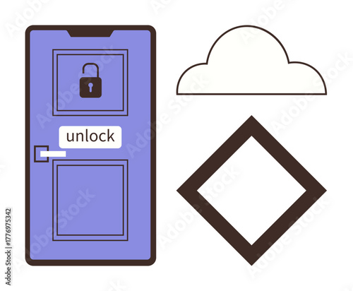 Closed door with unlock label, cloud shape, and rhombus outline, representing access, technology, security, creativity, decision-making simplicity potential. Ideal for innovation problem-solving