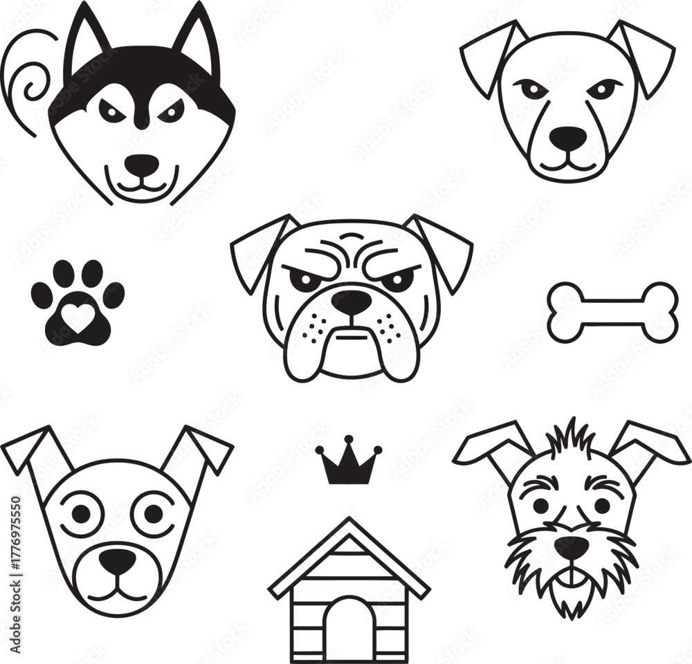 Obraz premium Collection of simple outline dog faces and pet accessories icons, including food bowl, bone, collar, paw, dog house, ball, leash, and dog food can