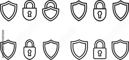 Set of Shield and Padlock Outline Icons - Digital Security Line Art Vector