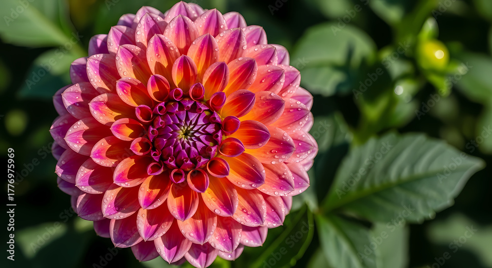 Obraz premium Close-up of a stunning dahlia flower in full bloom, showcasing vibrant pink, orange, and purple petals with delicate water droplets, embodying natural beauty