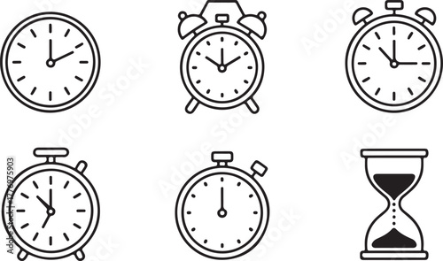 Time Clock Alarm Stopwatch and Hourglass Outline Vector Icon Set