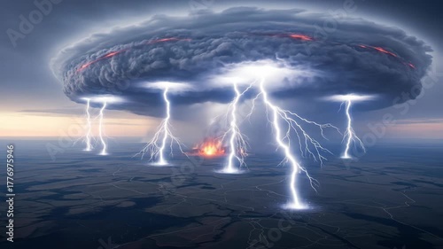 Dramatic storm cloud with lightning strikes over landscape, powerful weather, disaster concept.