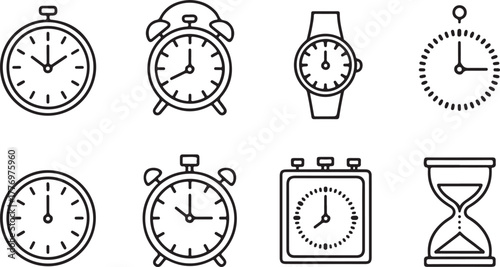 Time Clock Watch Alarm and Hourglass Outline Vector Icon Set