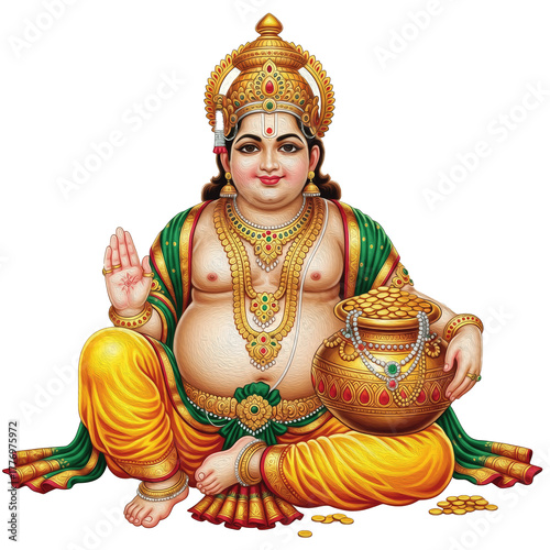Lord Kubera, god of wealth with money pot and round belly, smiling face, white background, Kuber dev kala, कुबेर देव कला