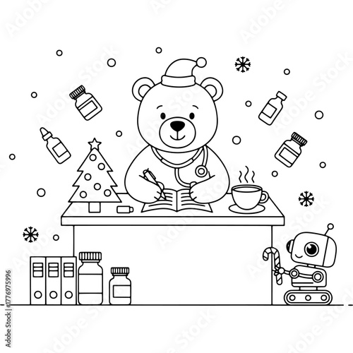 Holiday mix of healthcare and technology. Santa bear writing at doctor's desk, robot handing out candy canes. Snowfall, medicine vials, Christmas tree. Outline sketch illustration on white background.