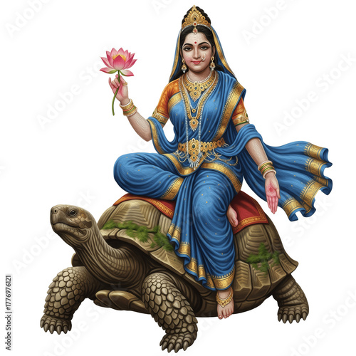Goddess Yamuna Devi , riding tortoise, holding lotus, dressed in blue, water deity art, white background, Yamuna maa kala, यमुना मां कला